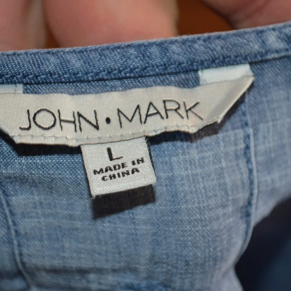 John Mark Polka Dot Chambray Lyocell Hi Low Bell Sleeve Blouse Top Womens Size L - Picture 5 of 5